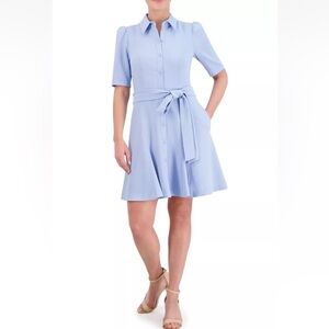 NWT Eliza J Blue Puff Sleeve Mini Shirt Dress Pockets Lined 18